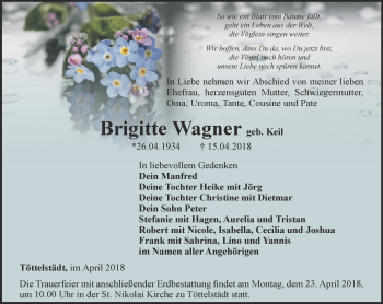 Traueranzeige von Brigitte Wagner von Thüringer Allgemeine, Thüringische Landeszeitung