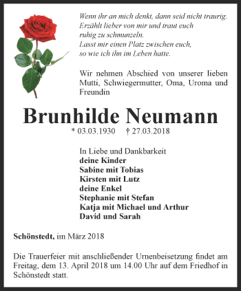 Traueranzeige von Brunhilde Neumann von Thüringer Allgemeine, Thüringische Landeszeitung