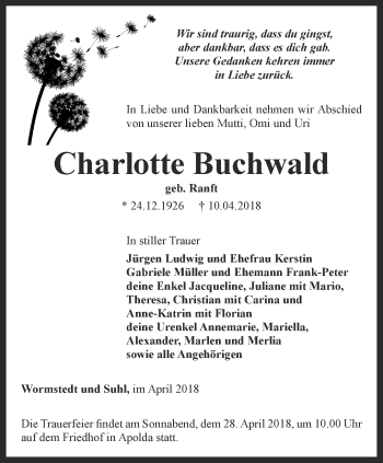 Traueranzeige von Charlotte Buchwald von Thüringer Allgemeine, Thüringische Landeszeitung