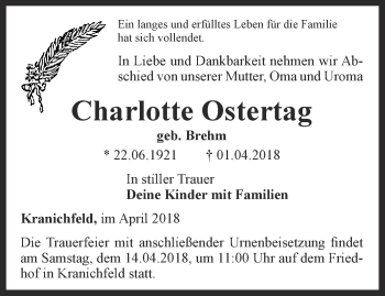 Traueranzeige von Charlotte Ostertag von Thüringer Allgemeine, Thüringische Landeszeitung