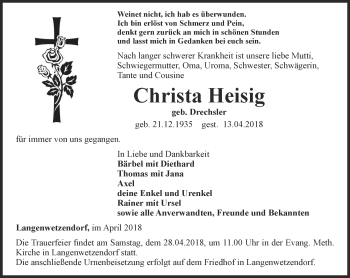 Traueranzeige von Christa Heisig