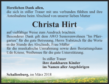 Traueranzeige von Christa Hirt von Thüringer Allgemeine