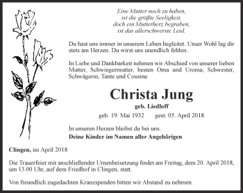 Traueranzeige von Christa Jung von Thüringer Allgemeine