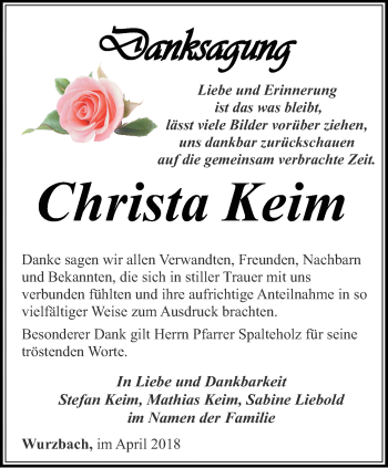 Traueranzeige von Christa Keim von Ostthüringer Zeitung