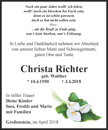 Traueranzeige von Christa Richter von Ostthüringer Zeitung