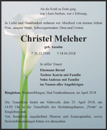 Traueranzeige von Christel Melcher von Thüringer Allgemeine