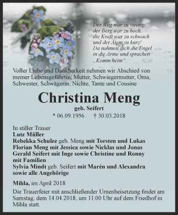 Traueranzeige von Christina Meng von Thüringer Allgemeine, Thüringische Landeszeitung