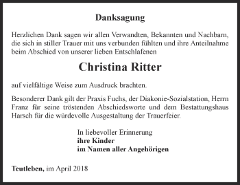 Traueranzeige von Christina Ritter von Thüringer Allgemeine