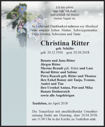 Traueranzeige von Christina Ritter von Thüringer Allgemeine