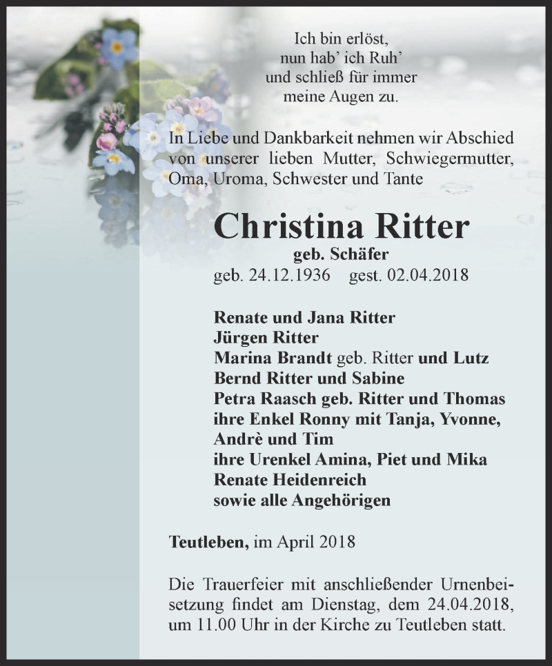  Traueranzeige für Christina Ritter vom 06.04.2018 aus Thüringer Allgemeine