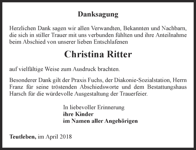  Traueranzeige für Christina Ritter vom 27.04.2018 aus Thüringer Allgemeine