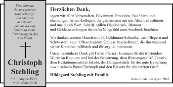 Traueranzeige von Christoph Stehling von Thüringer Allgemeine, Thüringische Landeszeitung