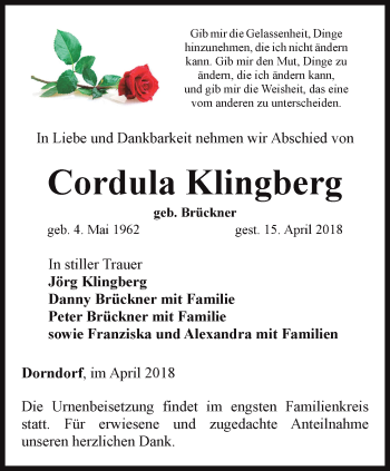 Traueranzeige von Cordula Klingenberg von Ostthüringer Zeitung
