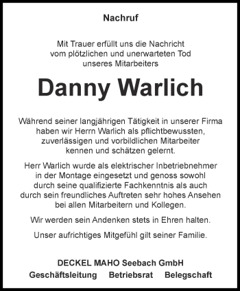 Traueranzeige von Danny Warlich von Ostthüringer Zeitung, Thüringische Landeszeitung