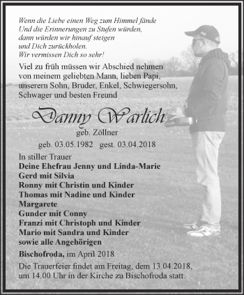 Traueranzeige von Danny Warlich von Thüringer Allgemeine, Thüringische Landeszeitung