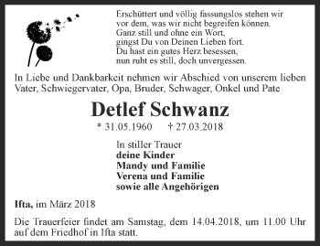 Traueranzeige von Detlef Schwanz von Thüringer Allgemeine, Thüringische Landeszeitung