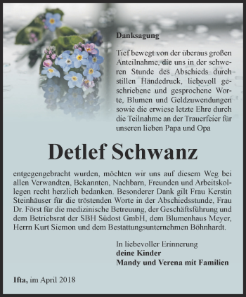 Traueranzeige von Detlef Schwanz von Thüringer Allgemeine, Thüringische Landeszeitung