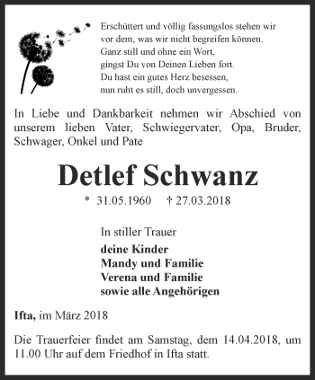 Traueranzeige von Detlef Schwanz von Thüringer Allgemeine, Thüringische Landeszeitung