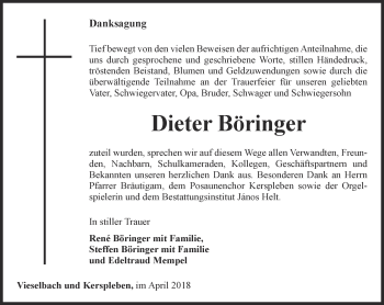 Traueranzeige von Dieter Böringer von Thüringer Allgemeine, Thüringische Landeszeitung