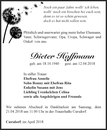 Traueranzeige von Dieter Hoffmann von Ostthüringer Zeitung