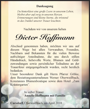 Traueranzeige von Dieter Hoffmann von Ostthüringer Zeitung