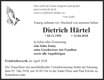 Traueranzeige von Dietrich Härtel von Ostthüringer Zeitung, Thüringische Landeszeitung