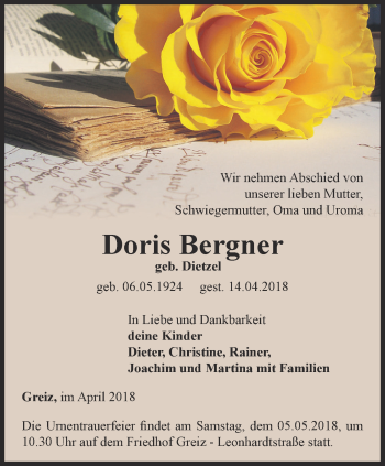 Traueranzeige von Doris Bergner