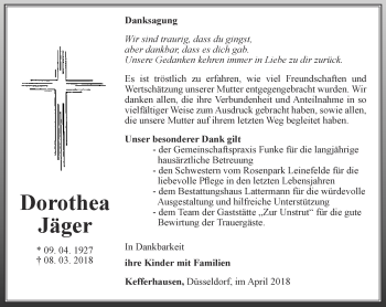 Traueranzeige von Dorothea Jäger von Thüringer Allgemeine