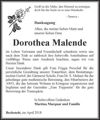 Traueranzeige von Dorothea Malende von Ostthüringer Zeitung