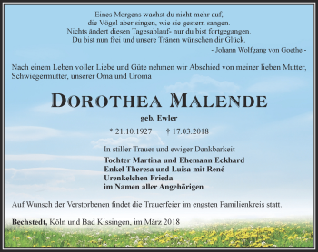 Traueranzeige von Dorothea Malende von Ostthüringer Zeitung