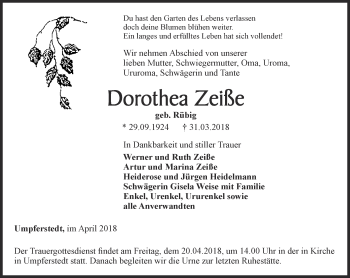 Traueranzeige von Dorothea Zeiße von Thüringer Allgemeine, Thüringische Landeszeitung