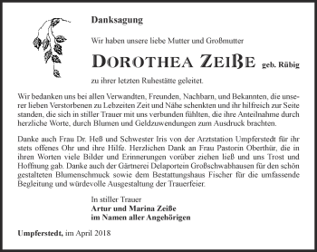 Traueranzeige von Dorothea Zeiße von Thüringer Allgemeine, Thüringische Landeszeitung