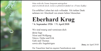 Traueranzeige von Eberhard Krug von Ostthüringer Zeitung, Thüringische Landeszeitung
