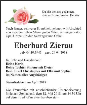 Traueranzeige von Eberhard Zierau von Thüringer Allgemeine