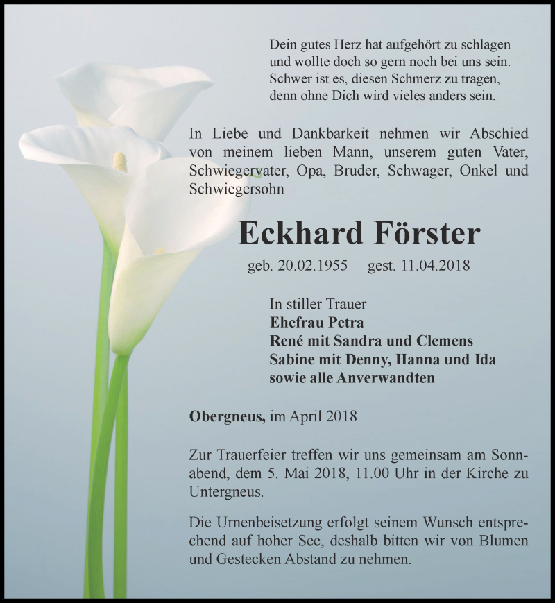  Traueranzeige für Eckhard Förster vom 28.04.2018 aus Ostthüringer Zeitung