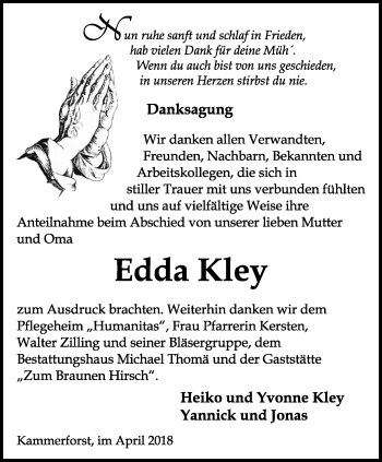 Traueranzeige von Edda Kley von Thüringer Allgemeine, Thüringische Landeszeitung