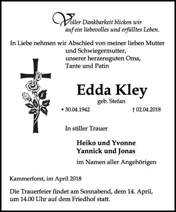 Traueranzeige von Edda Kley von Thüringer Allgemeine, Thüringische Landeszeitung