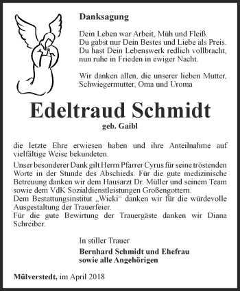 Traueranzeige von Edeltraud Schmidt von Thüringer Allgemeine, Thüringische Landeszeitung