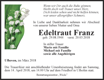 Traueranzeige von Edeltraut Franz von Thüringer Allgemeine, Thüringische Landeszeitung