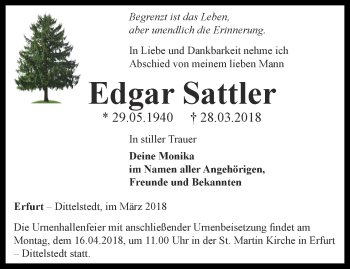 Traueranzeige von Edgar Sattler von Thüringer Allgemeine, Thüringische Landeszeitung