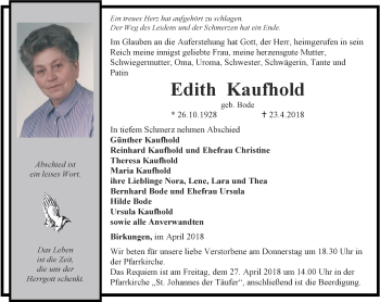 Traueranzeige von Edith Kaufhold von Thüringer Allgemeine