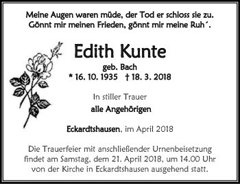 Traueranzeige von Edith Kunte von Thüringer Allgemeine, Thüringische Landeszeitung