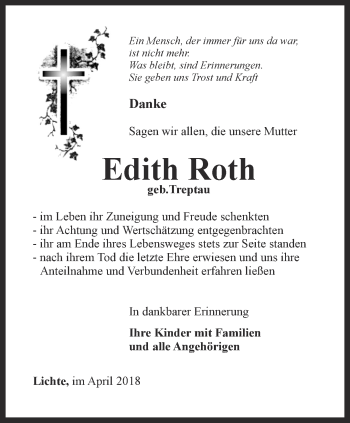 Traueranzeige von Edith Roth von Ostthüringer Zeitung