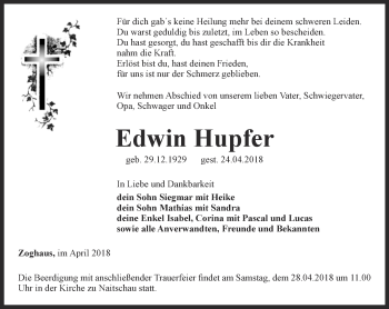 Traueranzeige von Edwin Hupfer