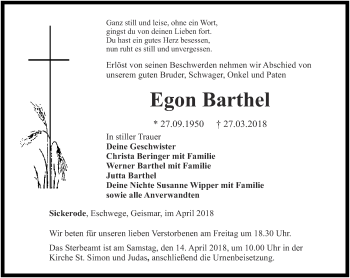 Traueranzeige von Egon Barthel von Thüringer Allgemeine
