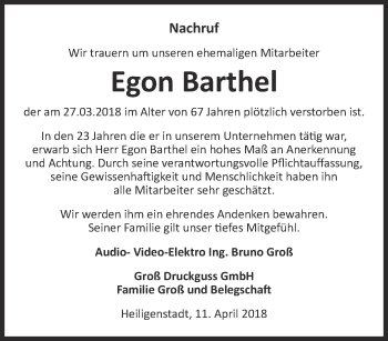 Traueranzeige von Egon Barthel von Thüringer Allgemeine