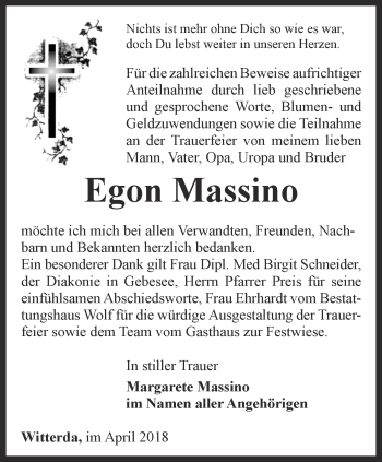 Traueranzeige von Egon Massino von Thüringer Allgemeine, Thüringische Landeszeitung