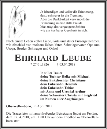Traueranzeige von Ehrhard Leube von Ostthüringer Zeitung