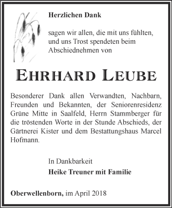 Traueranzeige von Ehrhard Leube von Ostthüringer Zeitung