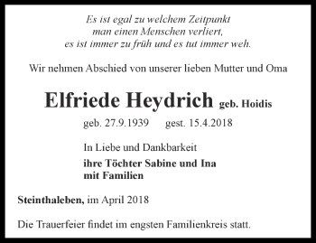 Traueranzeige von Elfriede Heydrich von Thüringer Allgemeine